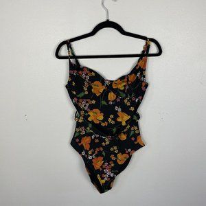 Asos Swim Fuller Bust One Piece Belted Swimsuit Black Orange Floral Size 10 C/D
